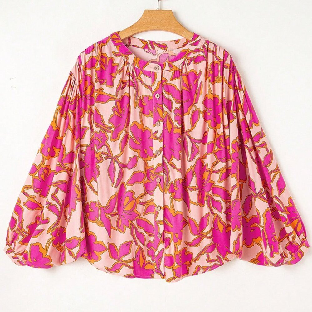 Multicolor Boho Women's Floral Print Batwing Sleeve Buttoned Loose Fit Shirt - Picture 6 of 8